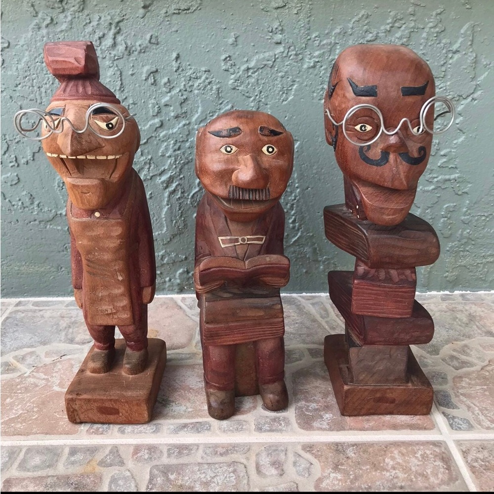 Set Of 3 Vintage Folk Art Wood Carvings